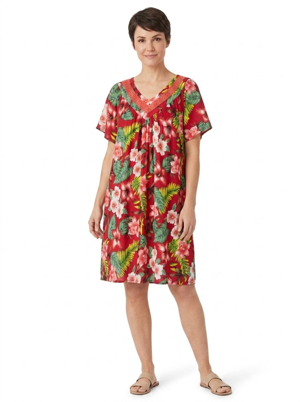 Coral Bay Red Floral V-Neck Short Sleeve Shift Dress Women Size S